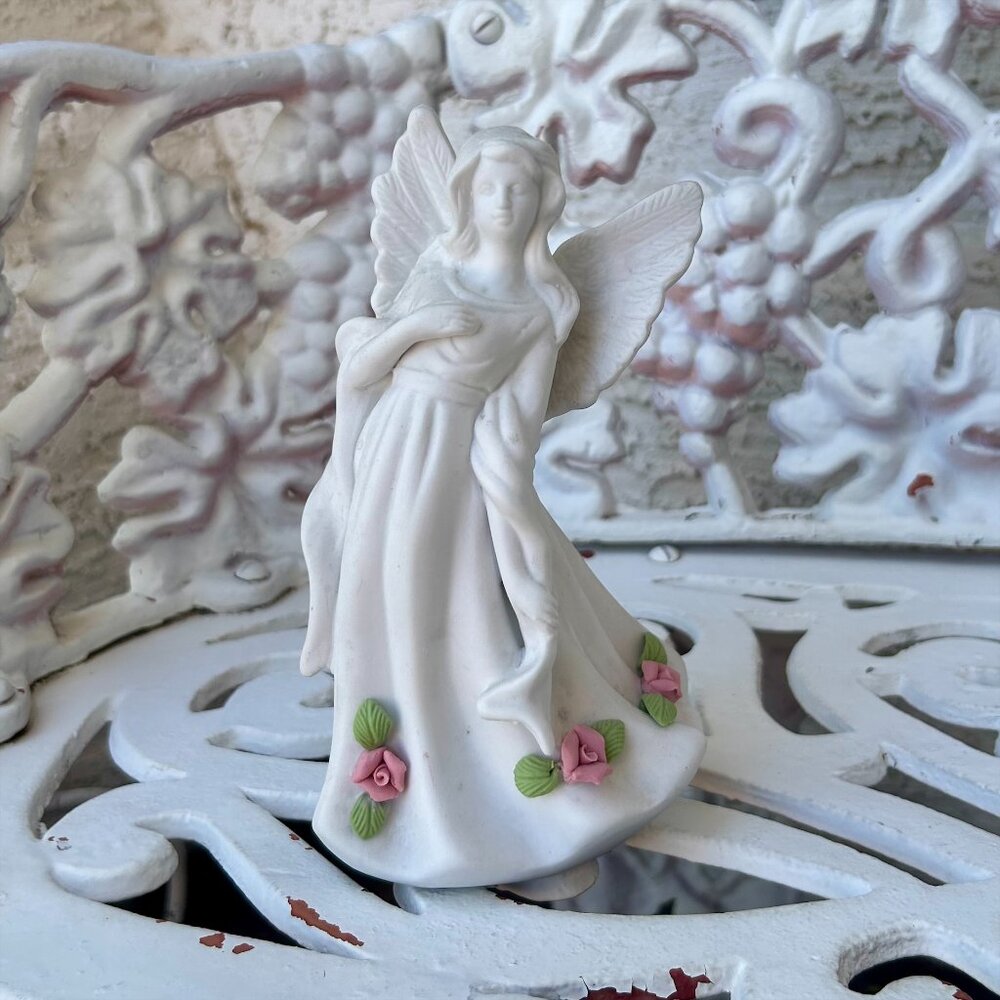 White Porcelain Angel Figurine with Pink Roses